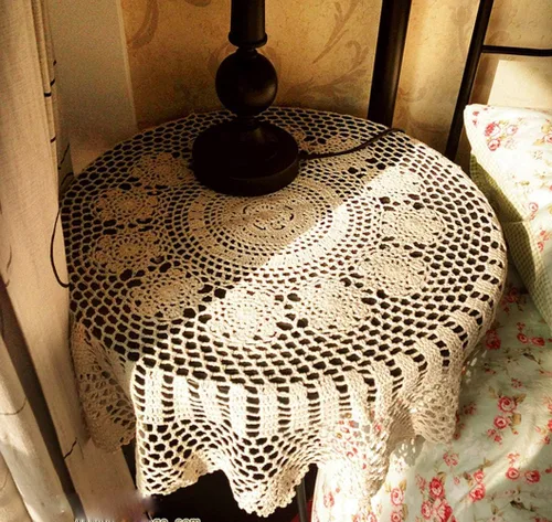 Vista 6 de Hetao Mantel redondo de ganchillo 100% algodón hecho a mano tapetes de encaje cubiertas de mesa, beige, 27 pulgadas
