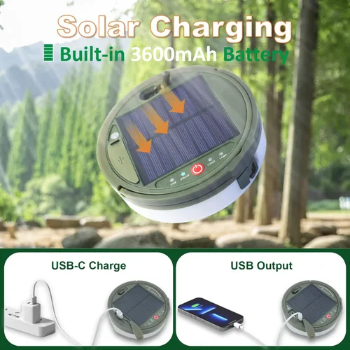 Vista 4 de Guirnalda de luces solares para campamento, 39.4 pies, portátil, impermeable, con 8 modos de iluminación, funciona con energía solar y recargable