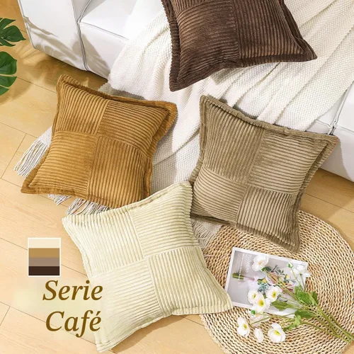 Vista 2 de Lewondr - Juego de 4 fundas de almohada de pana de 20×20 pulgadas, fundas de almohada cuadradas suaves, fundas de almohada decorativas con rayas