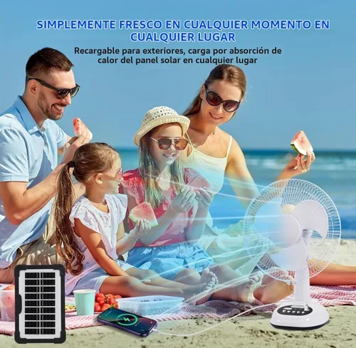 Vista 7 de Ventilador recargable VENTO con panel solar, puerto USB, luz LED nocturna y 2 bombillas gratis. Refrigeración ecológica