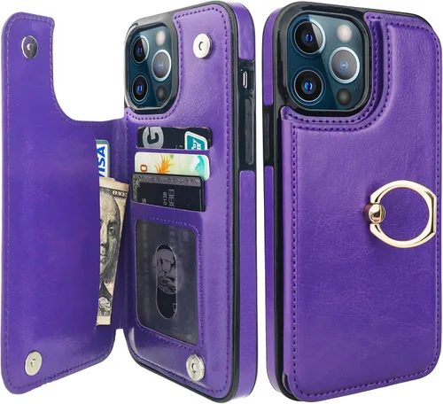 Vista 25 de ONETOP Funda tipo cartera para iPhone 13 con soporte para tarjetas, anillo de rotación de 360°, bloqueo RFID, doble cierre magnético, a prueba