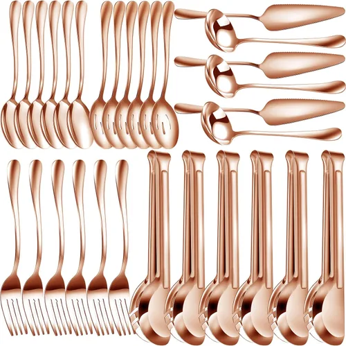 Vista 8 de Thenshop Juego de 30 utensilios de servir de acero inoxidable que incluye cucharas grandes, cucharas ranuradas, tenedores, cucharón de sopa, tarta