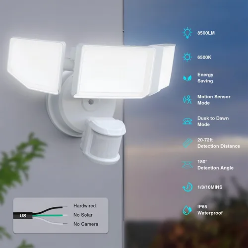 Vista 3 de Abovizo Luces de seguridad LED de 85 W con sensor de movimiento para exteriores, 8500 lm de atardecer al amanecer, IP65 impermeable, 6500 K, luz