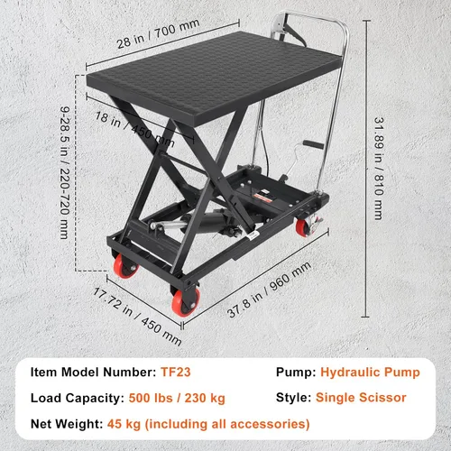 Vista 7 de VEVOR Carro de mesa de elevación hidráulica, capacidad de 500 libras, altura de elevación de 28.5 pulgadas, mesa de elevación manual de tijera