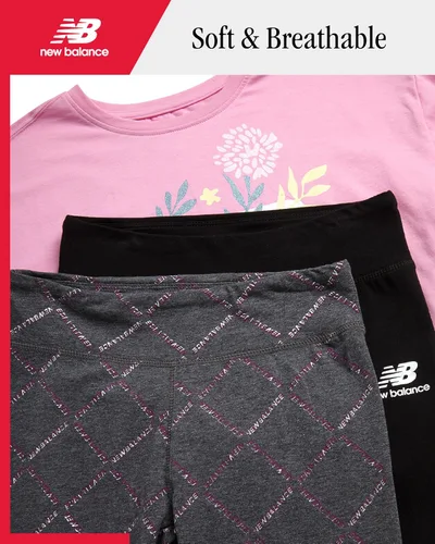 Vista 9 de New Balance Conjunto de leggings para niñas, camisa de manga corta de 3 piezas y leggings para niñas, pantalones de yoga para entrenamiento