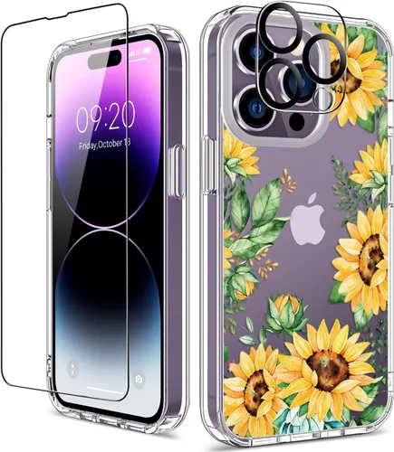 Vista 14 de Funda para iPhone 14 Pro con protector de pantalla, 6.1 pulgadas, transparente de cuerpo completo, a prueba de golpes, diseño floral, para niñas