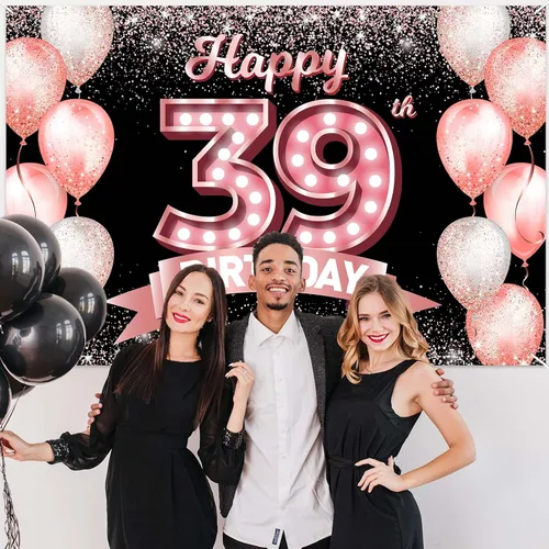Vista 332 de Cartel de feliz cumpleaños décimo oro rosa, telón de fondo, saludos a 10 años, globos de confeti, decoración temática para niñas de 10 años