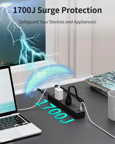 Vista 7 de HOPOW Regleta de alimentación de enchufe plano, cable de extensión ultrafino de 3 pies, protector de sobretensiones con 5 salidas y 3 puertos USB