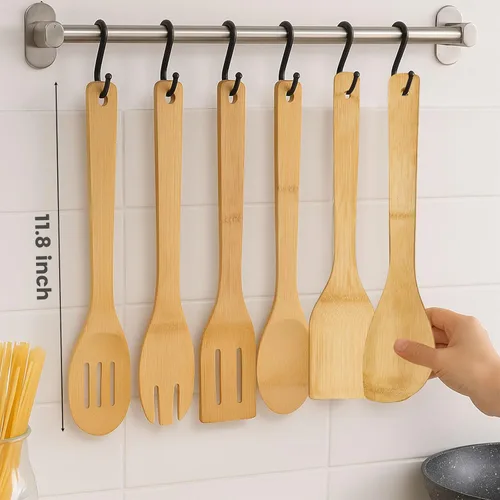Vista 6 de HAKSEN Bamboo Wooden Spoons for Cooking 6-Piece, Nonstick Bamboo Kitchen Utensils Set Wood Spatulas Spoons for Daily Use, Housewarming Gifts