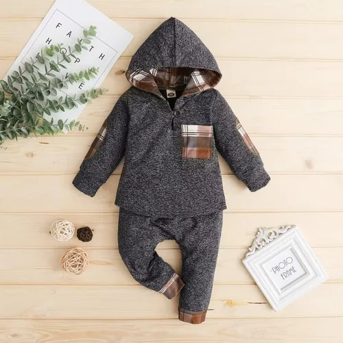 Vista 4 de Ropa de bebé para niños pequeños, traje de otoño e invierno, manga larga, bolsillo a cuadros, sudadera con capucha + pantalones, 2 piezas