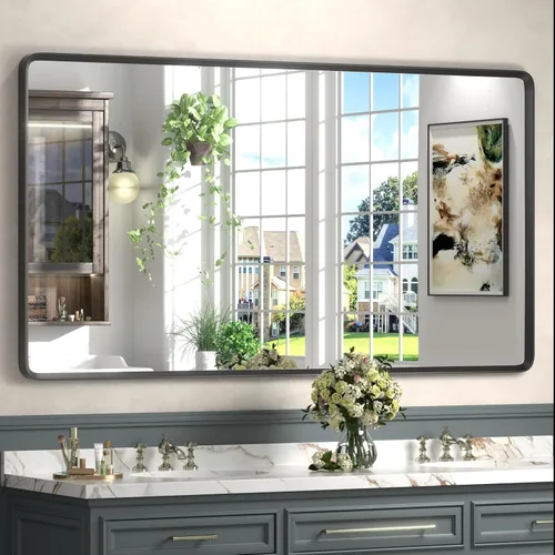 Vista 43 de Espejo rectangular con marco mate negro de 20x30 pulgadas para baño, espejo de tocador para pared de baño con esquinas redondeadas, antióxido y a