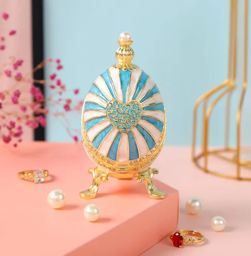 Vista 4 de Cajas de joyería con forma de huevo de Pascua azul con bisagras con diamantes de imitación en forma de amor, esmalte de regalo para mujeres