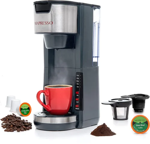Vista 8 de Mixpresso - Cafetera negra para una porción, compatible con cápsulas K-Cup y café molido, cafetera compacta de 30 oz con 5 tamaños de preparación