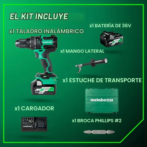 Vista 8 de Metabo HPT Kit de taladro de martillo inalámbrico MultiVolt™ de 36 V sin escobillas de 1/2 pulgada, kit de taladro eléctrico con baterías Metabo