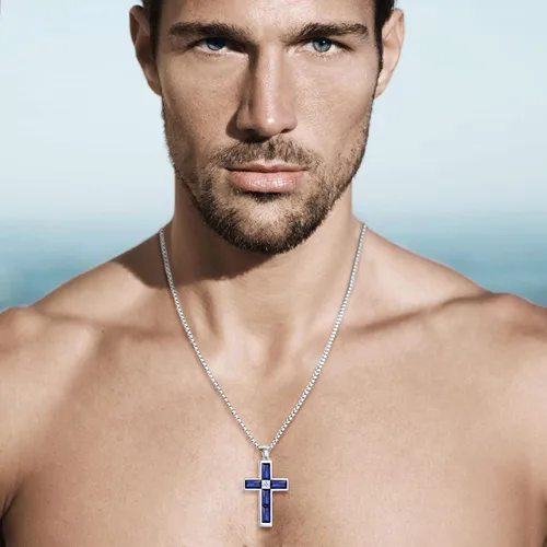 Vista 10 de Collar de cruz para hombre, piedras preciosas de color piedra natal de circonita cúbica, collar de acero inoxidable para hombre, cadena de 24