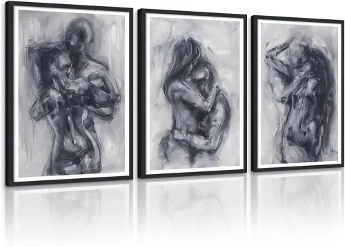 Vista 90 de Novatique 3 piezas de arte de pared sexy en blanco y negro para parejas desnudas, decoración de pared abstracta de amor para mujeres y hombres, arte