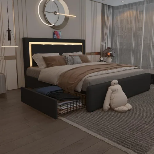 Vista 9 de Base de cama matrimonial con cabecera ajustable, plataforma tapizada con luces LED RGB, 4 cajones de almacenamiento y estación de carga