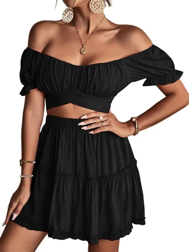 Vista 3 de LYANER Conjunto de 2 piezas para mujer con estampado floral y hombros descubiertos y minifalda