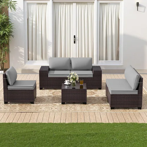 Vista 8 de Gotland Juego de muebles de patio de 6 piezas con 1 mesa auxiliar, 5 plazas de ratán seccional para exteriores con reposabrazos anchos de 29.5 Gris