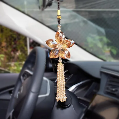 Vista 13 de Accesorio de pendiente decorativo, diseño de flor de cristal, para espejo retrovisor de vehículo, Azul