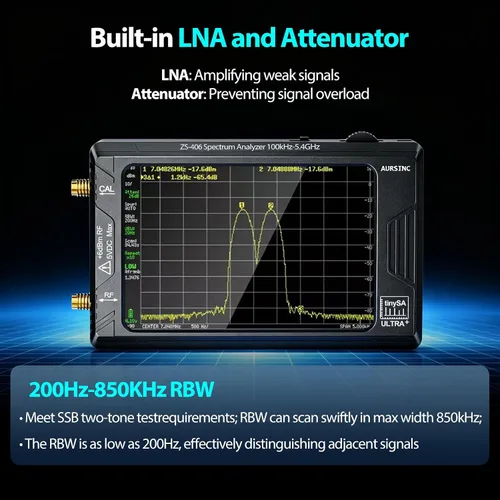 Vista 8 de AURSINC Analizador de espectro TinySA Ultra+ ZS406, 4.0 pulgadas, 100 kHz-5.4 GHz, analizador de frecuencia portátil con tarjeta de 32 GB, HW