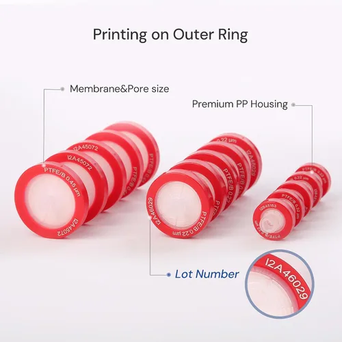 Vista 4 de Paquete de 100 Filtros de Jeringa PTFE para Laboratorio Filtros de Filtración Hidrofóbica Tamaño de Poro 0.22μm Diámetro 13mm No estéril Rojo