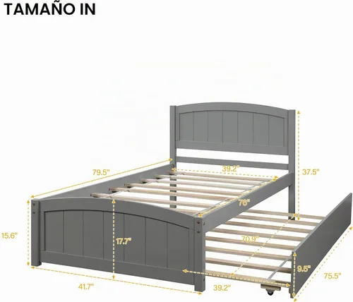 Vista 2 de Merax Cama de plataforma de madera con nido – Cama individual soporte de listones de madera, no necesita somier, gris