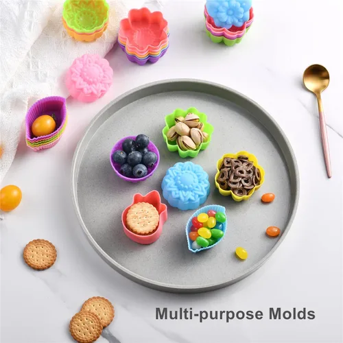 Vista 5 de 36 forros de silicona para cupcakes, tazas para hornear con múltiples formas de flores, moldes de silicona reutilizables de tamaño mini de 2 pulgadas
