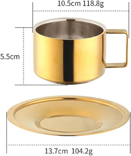 Vista 2 de Juego de 2 tazas y platillos de expreso, taza de café y platillo, taza de café dorada, tazas demitasse de acero inoxidable, exquisitos recipientes