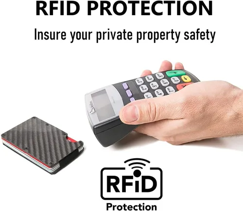 Vista 4 de Cartera de fibra de carbono soporte para tarjeta de crédito con bloqueo RFID clip de dinero minimalista delgado para hombres y mujeres negro