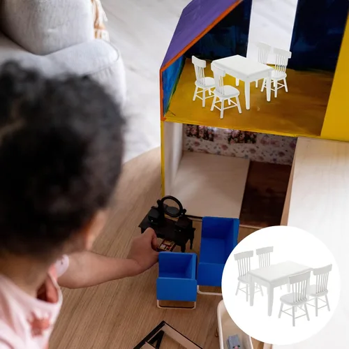 Vista 4 de Beaupretty Muebles de casa de muñecas Mesa y sillas de madera en miniatura para casa de muñecas Mini accesorios de comedor (blanco)