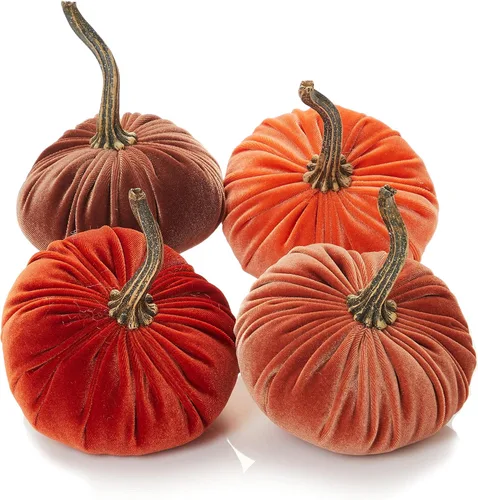 Vista 23 de Juego de 4 pequeñas calabazas de franela de terciopelo y algodón, decoración a cuadros de búfalo blanco y negro, estantes de calabaza negra