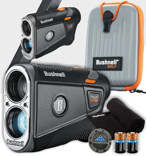 Vista 10 de Bushnell Tour V6 Golf Rangefinder Bundle – PinSeeker con Visual JOLT, BITE soporte magnético – Incluye toalla de microfibra PlayBetter y batería CR2