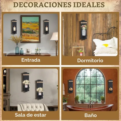 Vista 5 de Candelabros para decoración de pared de granja, 2 candelabros rústicos góticos hechos a mano de madera para montaje en pared para dormitorio, sala