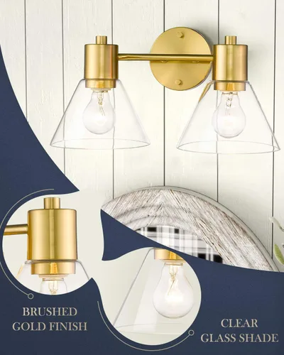 Vista 2 de LMS Lámparas doradas para tocador de baño, 2 lámparas de baño con pantalla de vidrio transparente, LMS-100