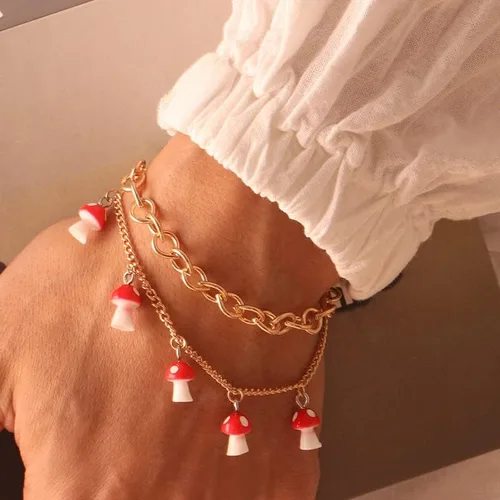 Vista 2 de Rrdaily Tobillera de doble capa con forma de hongo, bonita pulsera de hongo rojo, pulsera combinada para mujeres y niñas, Sin gemas.