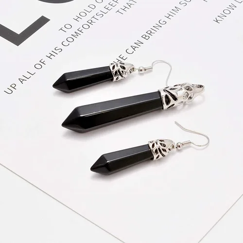 Vista 3 de AD Beads - Juego de colgante y aretes con piedras preciosas naturales hexagonales con punta, chakra Reiki Negro ágata