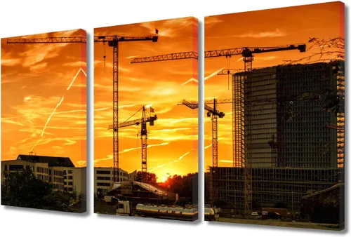 Vista 28 de TUMOVO Arte de pared con diseño de grúa para dormitorio, 3 piezas de grúa pesada al anochecer en un sitio de construcción, póster, pintura, arte