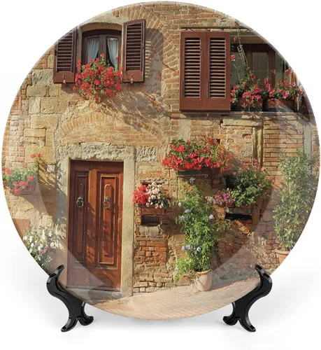 Vista 8 de Plato decorativo de 6 pulgadas, cerámica toscana, antigua calle italiana en pequeña ciudad provincial de Italia, placa de exhibición europea hecha a