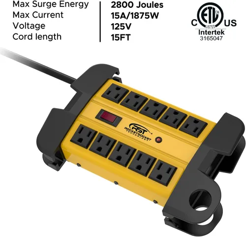 Vista 4 de CRST - Protector contra sobretensiones de metal resistente de 10 tomas de corriente con 15 amperios, 2 unidades Cable de 15 pies de largo, 2800