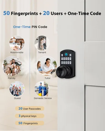 Vista 4 de Hidalife Pomo de puerta inteligente con teclado, cerradura de puerta de entrada sin llave de huellas dactilares para puerta delantera, modo de paso
