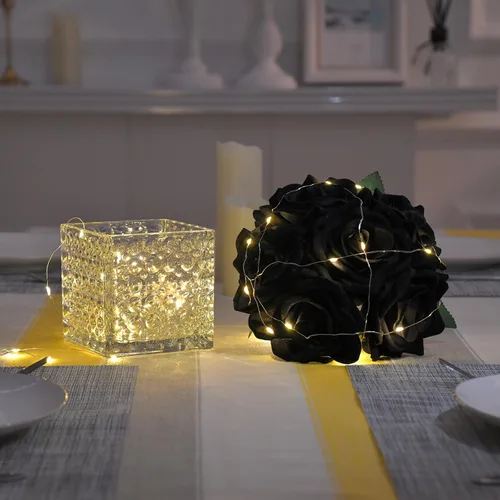 Vista 6 de Arreglo de centro de mesa de rosa artificial de seda en florero de vidrio con luz LED para decoración de bodas en el hogar (Negro)