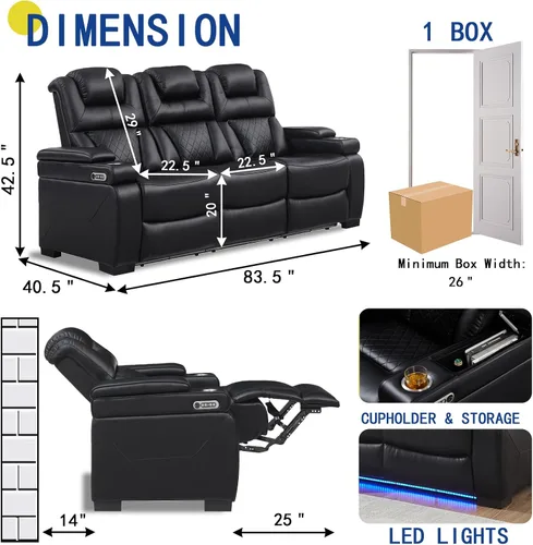 Vista 2 de THSUPER Sofá reclinable de cuero transpirable con luz LED de 7 colores, sillón reclinable para sala de estar con reposacabezas ajustable, luz