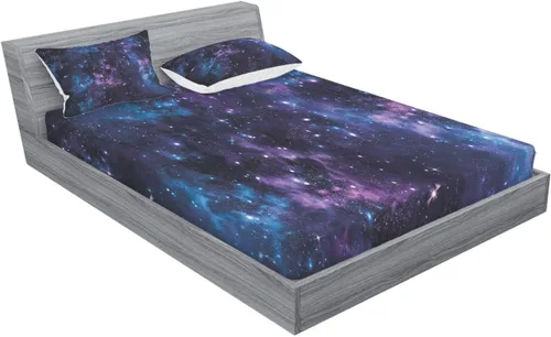 Vista 2 de Ambesonne Juego de sábanas bajeras y fundas de almohada, diseño de cúmulos de estrellas del cielo místico, nebulosa del cosmos, arte de paisajes