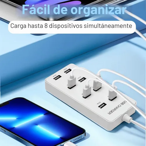Vista 6 de Cargador de pared USB Estación de carga USB para múltiples dispositivos 8 puertos Charging Hub Strip Smart Charger Block Compatible with iPhone