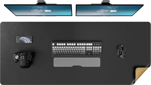 Vista 14 de DAWNTREES - Tapete de escritorio a doble cara, almohadilla de escritorio de cuero, negro 35.5"x17", protector de escritorio de corcho