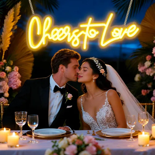 Vista 7 de Letrero de neón grande con texto en inglés "Cheers to Love", letrero de neón con interruptor de atenuación, letrero LED reutilizable para telón
