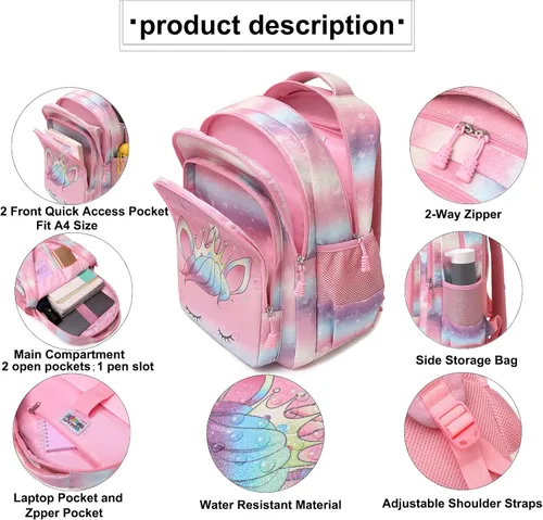 Vista 4 de Meisohua Mochilas escolares para niñas, mochila de unicornio con bolsa de almuerzo y estuche para lápices, juego de bolsas escolares 3 en 1