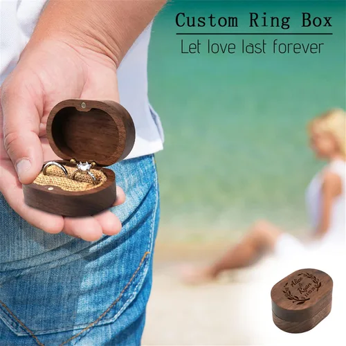 Vista 5 de Caja de anillo de boda personalizada para ceremonia, caja de anillo ovalada de madera, caja de soporte para anillos de boda para él y ella, caja