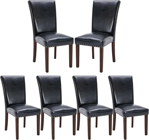 Vista 19 de COLAMY Juego de 6 sillas de comedor tapizadas Parsons, sillas laterales de tela para comedor y cocina con ribete de tachuelas y patas de madera